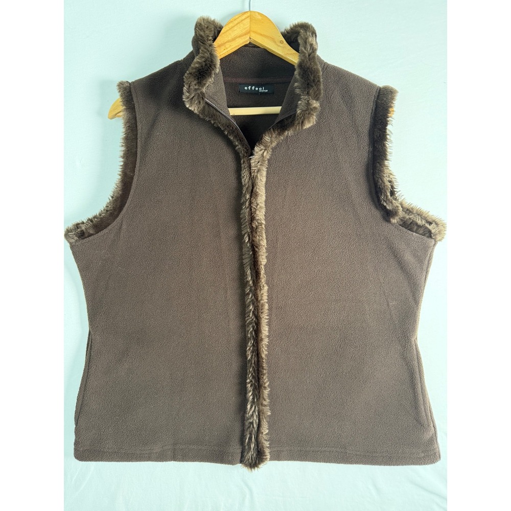 Faux Fur Trim Effeci Woman Fleece Vest Womens Large Brown Excellent